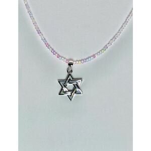 Star of David Necklace 925 Sterling Silver Imitation Opal Adjustable Bead Chain